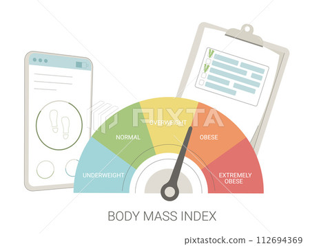 BMI and count of steps. Body mass index with active plan for healthy lifestyle. Chart indicator. Weight loss control. Vector flat illustration BMI and count of steps. Body mass index with active plan for healthy lifestyle. Chart indicator. Weight loss control. Vector flat illustration 112694369
