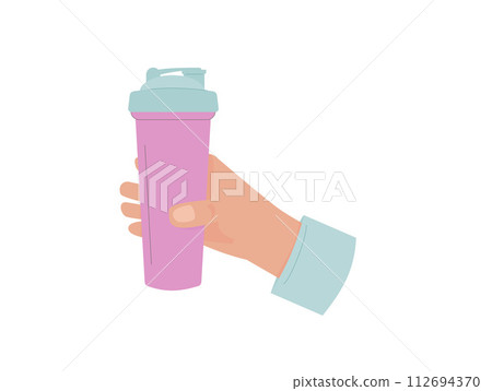 Water bottle in hand. Sport shaker for gym. Vector flat illustration isolated on white background Water bottle in hand. Sport shaker for gym. Vector flat illustration isolated on white background 112694370