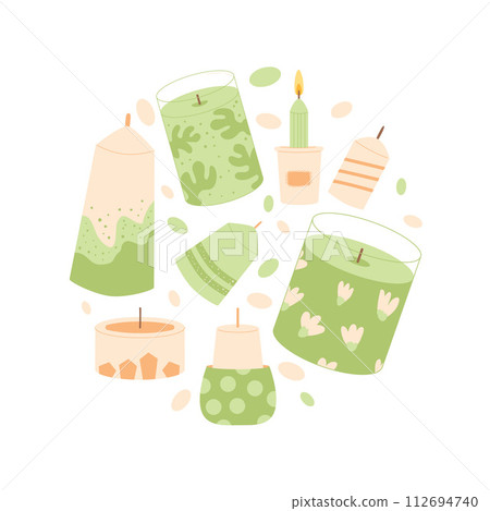 Scented candles round composition. Wax, soy, paraffin candles in containers pillar circle emblem. Spa accessories for relax. Interior cosy decoration. Vector illustration isolated on white background Scented candles round composition. Wax, soy, paraffin candles in containers pillar circle emblem. Spa accessories for relax. Interior cosy decoration. Vector illustration isolated on white background 112694740