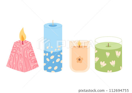 Holiday soy aroma candles set. Handmade scented candlelight isolated in white background. Hygge time. Aromatherapy and relaxation home decor. Vector flat illustration Holiday soy aroma candles set. Handmade scented candlelight isolated in white background. Hygge time. Aromatherapy and relaxation home decor. Vector flat illustration 112694755