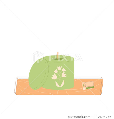 Eco aroma candle in wooden stand. Handmade scented candlelight isolated in white background. Hygge time. Aromatherapy and relaxation home decor. Vector flat illustration 112694756