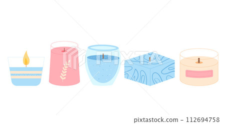 Holiday candles set. Handmade aromatic candlelight isolated in white background. Hygge time. Aromatherapy and relaxation home decor. Vector handdrawn illustration 112694758
