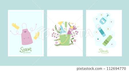 Spring cleaning poster set. Bucket, apron gloves and mop spray various tools banners. Equipment elements for wash home backgrounds collection. Housework card concept. Vector flat illustration 112694770