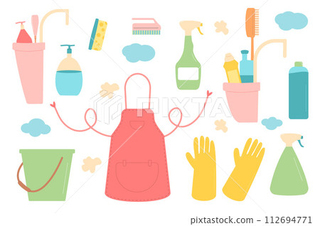 Spring cleaning set. Equipment elements for wash home isolated on white background. Housework concept. Bucket, apron gloves and mop spray various tools. Vector flat illustration 112694771
