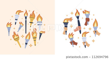 Round design torches with burning flame in hands. Symbol of sport, games, victory and champion competition with different people race arm circle design. Vector flat illustration Round design torches with burning flame in hands. Symbol of sport, games, victory and champion competition with different people race arm circle design. Vector flat illustration 112694796