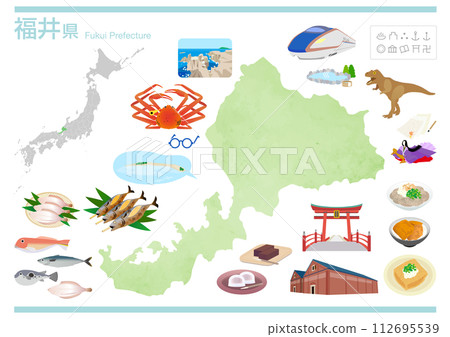 Fukui prefecture tourist gourmet illustration map Fukui prefecture tourist gourmet illustration map 112695539