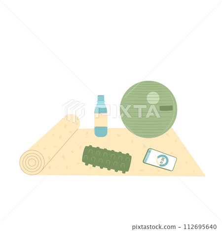 Yoga mat with foam roller, phone exercise ball. Fitness home workout equipment isolated on white background. Vector flat illustration 112695640