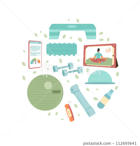 Fitness home workout equipment round composition isolated on white background. Online training. Resistant band, exercise ball, application. Vector flat illustration Fitness home workout equipment round composition isolated on white background. Online training. Resistant band, exercise ball, application. Vector flat illustration 112695641