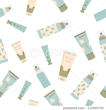 Cleansing and moisturizing face skincare seamless pattern. Beauty products endless background. Skin, body cosmetics bottles, containers and tubes. Vector illustration 112695730