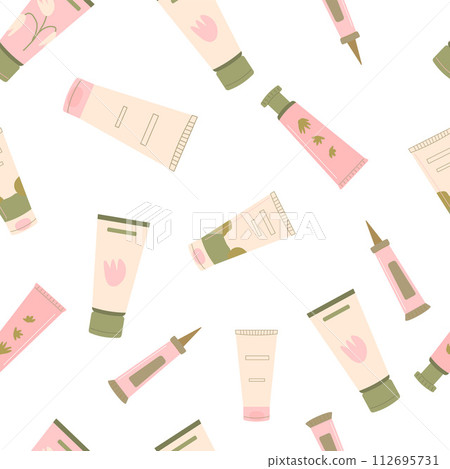 Lotion an moisturizing face skincare seamless pattern. Beauty products endless background. Skin, body cosmetics bottles, containers and tubes. Flat vector illustration. 112695731