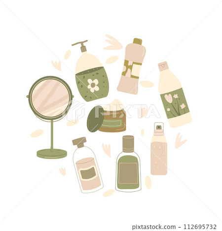 Beauty products daily routine circle emblem. Cleansing and moisturizing face. Skincare cosmetics round composition. Bottles, containers and tubes. Vector illustration. 112695732