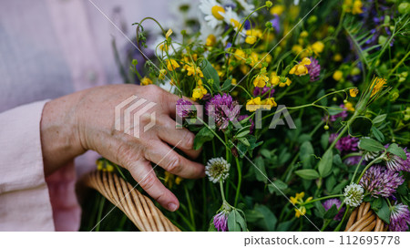 Woman holding wicker basket with meadow flowers. A colorful variety of summer wildflowers. 112695778