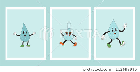Water drop and jug banner set . Posters with retro drop characters. World water day Ecology holiday banner with rubber hose mascot. Vector flat illustration Water drop and jug banner set . Posters with retro drop characters. World water day Ecology holiday banner with rubber hose mascot. Vector flat illustration 112695989