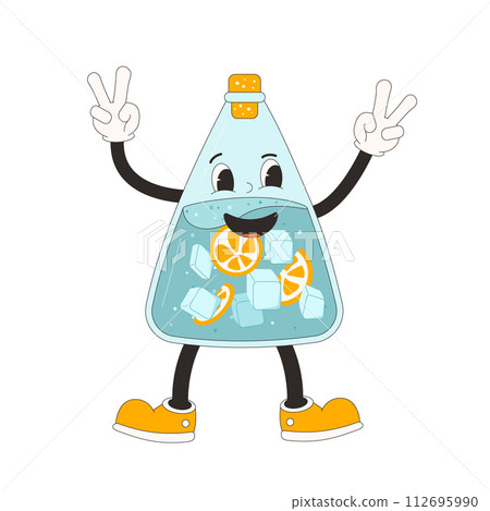 Bottle of water with ice and orange retro cartoon mascot. Home made soft drink rubber hose animation style groovy character. Beverage cute anthropomorphic 112695990