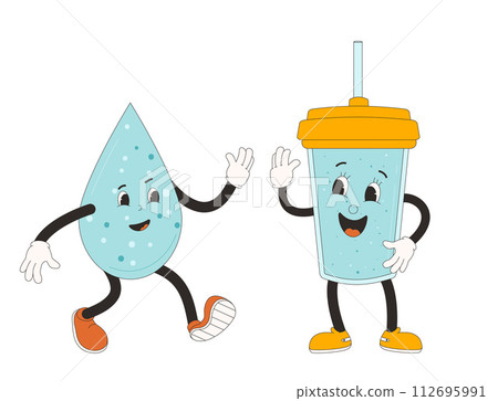 Water drop and glass retro cartoon mascots. Drink rubber hose animation style groovy characters. Drink more water. Ecologic and wellness vector flat illustration isolated on white background Water drop and glass retro cartoon mascots. Drink rubber hose animation style groovy characters. Drink more water. Ecologic and wellness vector flat illustration isolated on white background 112695991