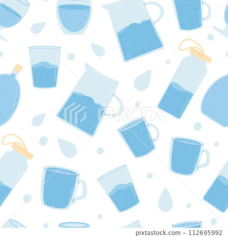 Water seamless pattern. Jug and cup glasses of clean drinks. Fresh endless background. fitness diet and healthy lifestyle cover. Vector flat illustration Water seamless pattern. Jug and cup glasses of clean drinks. Fresh endless background. fitness diet and healthy lifestyle cover. Vector flat illustration 112695992