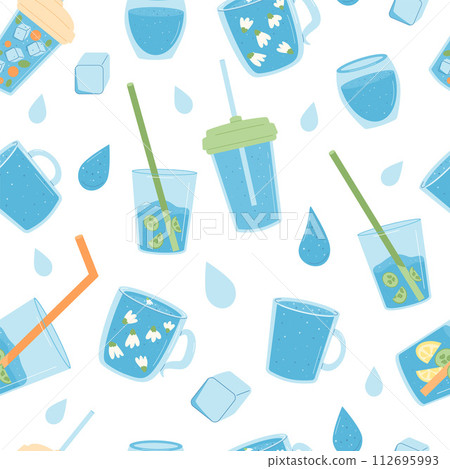 Water seamless pattern. Glasses and cups with clean aroma beverage endless background. Aqua drink with ice, fruit and waterdrop repeat cover. Vector flat illustration Water seamless pattern. Glasses and cups with clean aroma beverage endless background. Aqua drink with ice, fruit and waterdrop repeat cover. Vector flat illustration 112695993