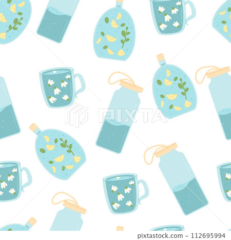Water drinks seamless pattern. Glasses and cups, sport bottles and rugs with clean aroma beverage endless background. Aqua drink with ice, fruit and waterdrop repeat cover. Vector flat illustration Water drinks seamless pattern. Glasses and cups, sport bottles and rugs with clean aroma beverage endless background. Aqua drink with ice, fruit and waterdrop repeat cover. Vector flat illustration 112695994