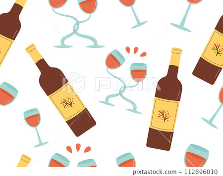 Red wine seamless pattern. Bottle and glasses festive endless background. Drinks beverage party 112696010