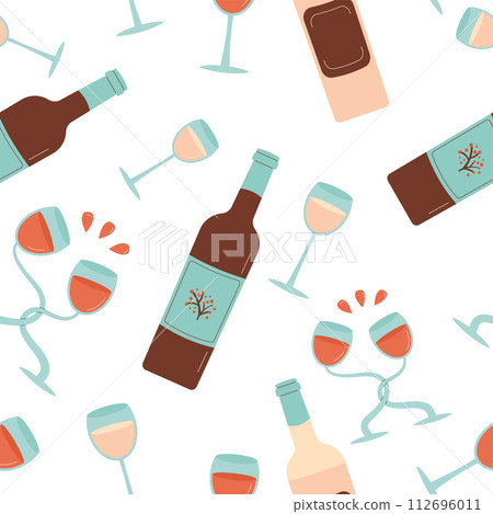 Wine seamless pattern. Bottle and glasses festive endless background. Drinks beverage party cover. 112696011