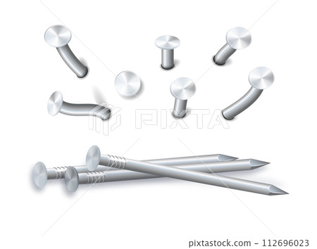 Nails hammered into wall steel straight and bent metal hardware spikes. Hobnails with grey caps top view isolated on transparent background. Vector Nails hammered into wall steel straight and bent metal hardware spikes. Hobnails with grey caps top view isolated on transparent background. Vector 112696023