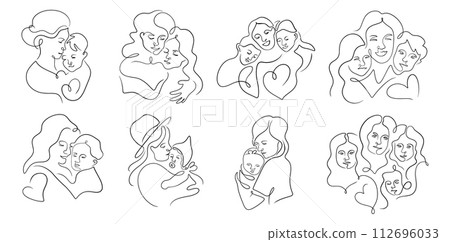 Set of mother hugging children, with daughter and son, in a line art style, conveying love for Mother's Day, hand-drawn vector illustration 112696033