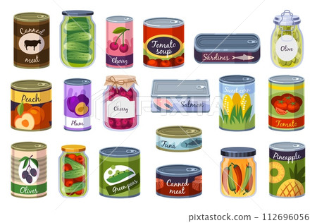 Cans preserved products. Canned food, glass jars with vegetables, fruits, tins with meat and fish, homemade compotes, pickles and jams, cartoon flat isolated illustration, tidy vector set 112696056