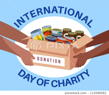 Donated canned food. Hands are passing cardboard box with humanitarian aid, grocery help to poor people and charity, cartoon flat isolated illustration, tidy vector volunteering kindness concept 112696062