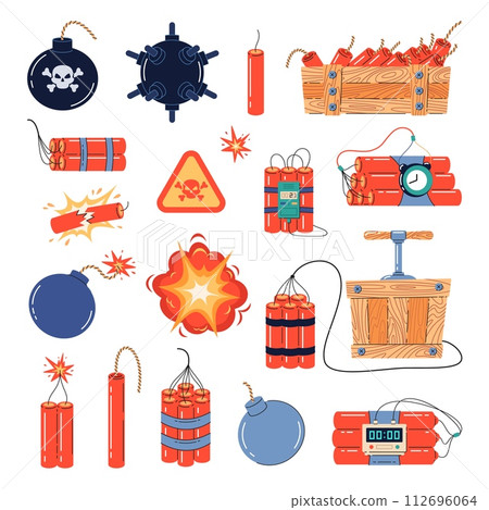 Explosives types. Cartoon dynamite and bombs, weapons of mass destruction, detonators, timers, smoldering wicks, military danger, tnt with burning fuse, vector flat isolated pyrotechnics set 112696064