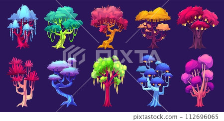 Fantasy trees. Magic forest plants, luminous glowing garden elements, fairytale flora, strange nature, UI game design. Mystical alien nature, unusual flora tidy vector cartoon isolated set 112696065
