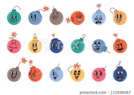Funny bomb characters. Comic retro cartoons with cute emotions, crazy explosives mascots, round weapons with burning wicks, happy angry and sad faces, round tnt, vector isolated in 60s flat set Funny bomb characters. Comic retro cartoons with cute emotions, crazy explosives mascots, round weapons with burning wicks, happy angry and sad faces, round tnt, vector isolated in 60s flat set 112696067