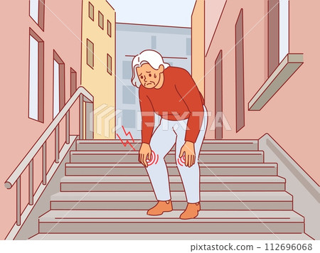 Grandma suffering pain. Elderly woman with bad knee, joint damage on steps, problems with ligaments and bones, leg injury, medical symptom, cartoon flat style isolated vector concept Grandma suffering pain. Elderly woman with bad knee, joint damage on steps, problems with ligaments and bones, leg injury, medical symptom, cartoon flat style isolated vector concept 112696068