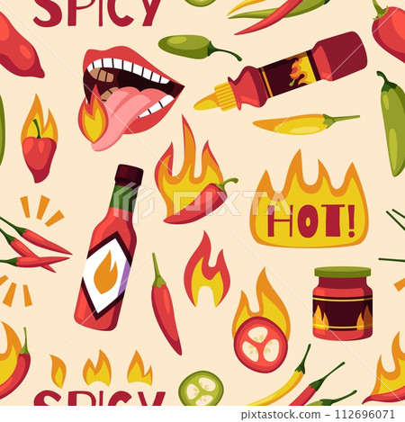 Hot pepper seamless pattern. Repeated chilli elements, mexican spicy sauce bottle, burning mouth, jalapeno, paprika. Wallpaper and textile, wrapping paper. Print design tidy vector background Hot pepper seamless pattern. Repeated chilli elements, mexican spicy sauce bottle, burning mouth, jalapeno, paprika. Wallpaper and textile, wrapping paper. Print design tidy vector background 112696071
