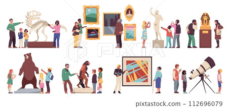Museum visitors characters. People looking ancient exhibits and modern art, guides tell story of objects, self education, artistic and historical and scientific exhibition cartoon tidy vector set 112696079