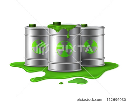 Nuclear waste. Barrels hazard, green toxic liquid. Radioactive industrial danger substance, environmental pollution. Biohazard garbage, containers with caution sign. Realistic vector concept 112696080