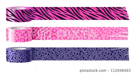 Patterned tapes. Duct tape rolls. Animal pattern. Zebra and leopard colorful texture, pink and purple colors. Colorful sticky scotch. Modern stationary. Realistic isolated vector set Patterned tapes. Duct tape rolls. Animal pattern. Zebra and leopard colorful texture, pink and purple colors. Colorful sticky scotch. Modern stationary. Realistic isolated vector set 112696083
