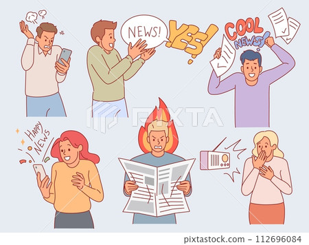 People receive different information. Positive and negative reactions, happy and sad characters, good and bad news, social media content, newspaper and radio. Cartoon flat isolated vector set People receive different information. Positive and negative reactions, happy and sad characters, good and bad news, social media content, newspaper and radio. Cartoon flat isolated vector set 112696084