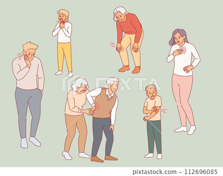 People suffering pain. Adults and kids experiencing discomfort in different body parts, acute, dull, aching, physical injured, painkiller advertising. Cartoon flat isolated vector set 112696085