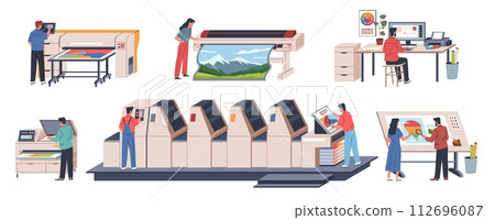 Polygraph equipment. Printing house, workers at machines, printed materials, newspapers and books, automated production. Typography press process cartoon flat isolated nowaday vector set Polygraph equipment. Printing house, workers at machines, printed materials, newspapers and books, automated production. Typography press process cartoon flat isolated nowaday vector set 112696087