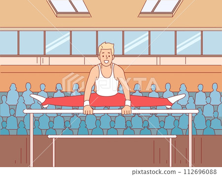 Power gymnast performance. Participation of sports competitions, professional athlete does splits on uneven bars, flexible young man on championship, cartoon flat illustration, vector concept Power gymnast performance. Participation of sports competitions, professional athlete does splits on uneven bars, flexible young man on championship, cartoon flat illustration, vector concept 112696088