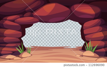 Stone cave entrance. Mountain tunnel frame, mine rock hole, transparent background, old cavern with blank center, banner template, cartoon flat isolated canyon background, tidy vector concept 112696090