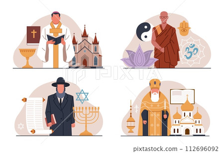 World religions. Different faiths signs, symbols, priests, preachers and missionaries, christianity and buddhism, judaism and catholicism, cartoon flat style isolated nowaday vector set 112696092
