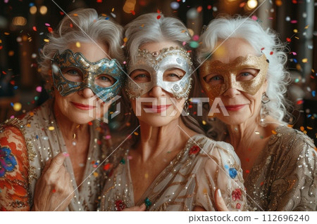 Three Beautiful women in a mysterious Venetian mask 112696240