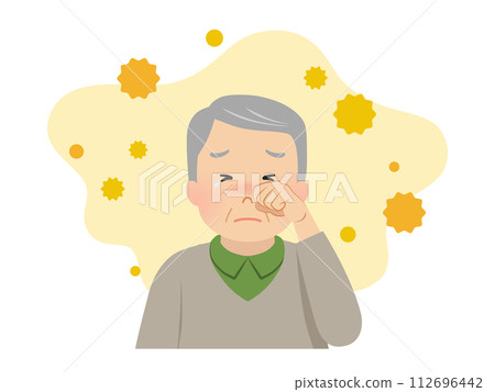 Senior man suffering from hay fever symptoms_vector illustration 112696442