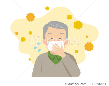 Senior man with severe hay fever symptoms (with mask)_vector illustration 112696451