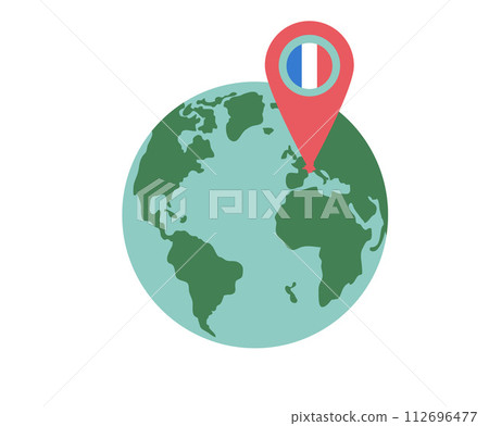 Travel France concept. Planet Earth map and location mark with flag isolated on white background. Tourism to Paris element. Trip to Europe weekend vacation. Vector flat illustration Travel France concept. Planet Earth map and location mark with flag isolated on white background. Tourism to Paris element. Trip to Europe weekend vacation. Vector flat illustration 112696477