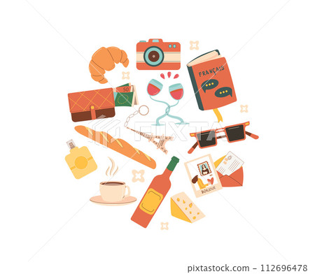 Tour tourism France elements circle composition. Travel vacation to Paris symbol in round shape isolated on white background. Vector flat illustration Tour tourism France elements circle composition. Travel vacation to Paris symbol in round shape isolated on white background. Vector flat illustration 112696478