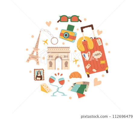 Travel France elements round composition. Tourism to Paris elements in circle shape isolated on white background. Weekend vacation concept. Vector flat illustration Travel France elements round composition. Tourism to Paris elements in circle shape isolated on white background. Weekend vacation concept. Vector flat illustration 112696479