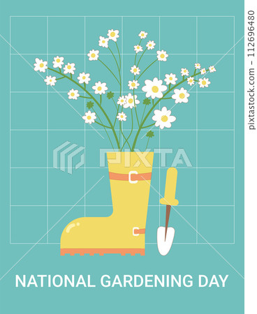 National gardening day background banner. with text card poster. Rubber boot with flowers bouquet. Template for holiday design. Vector illustration National gardening day background banner. with text card poster. Rubber boot with flowers bouquet. Template for holiday design. Vector illustration 112696480