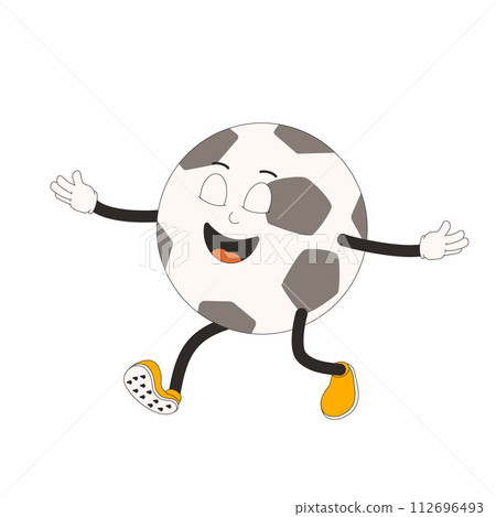 Happy football ball groovy character. Soccer retro mascot. Cartoon sport equipment isolated on white background. Championship game. Vector rubber hose animation style illustration Happy football ball groovy character. Soccer retro mascot. Cartoon sport equipment isolated on white background. Championship game. Vector rubber hose animation style illustration 112696493